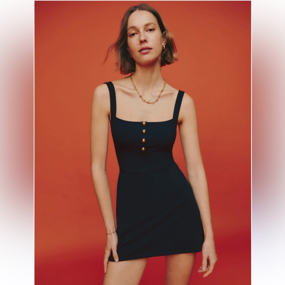 Reformation Black Cheryl Kniy Mini Dress Square Neck Cocktail